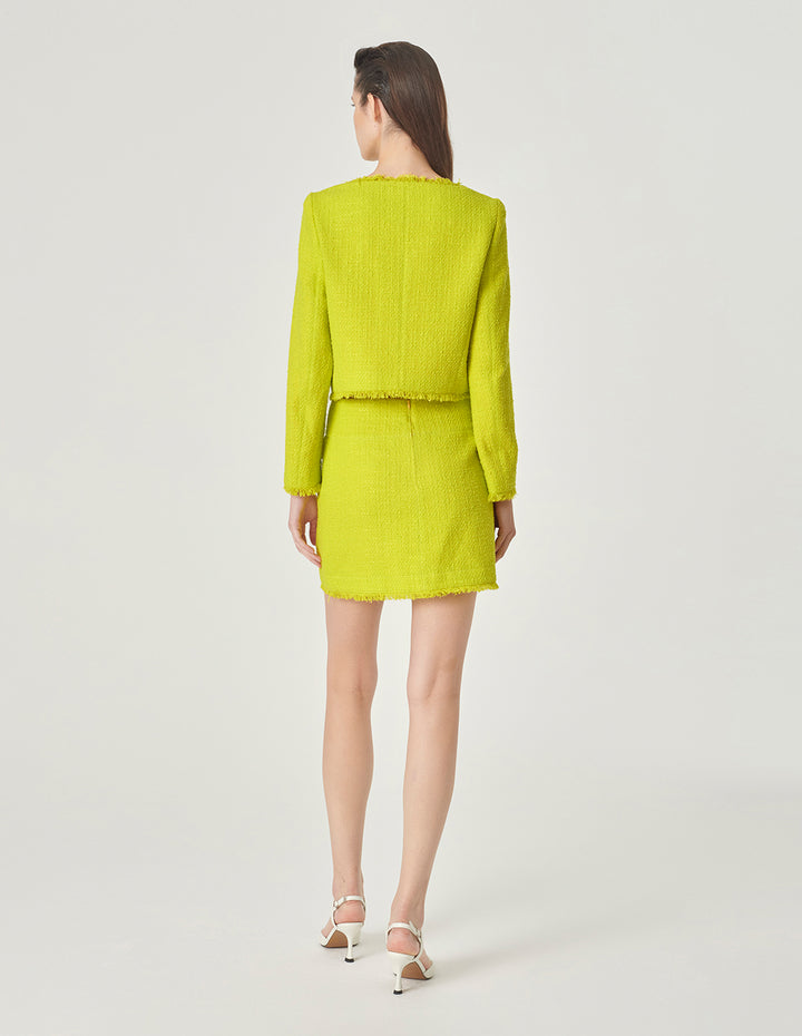 MARYLING Bright Yellow Crew Neck Tassel Detail Tweed Short Jacket