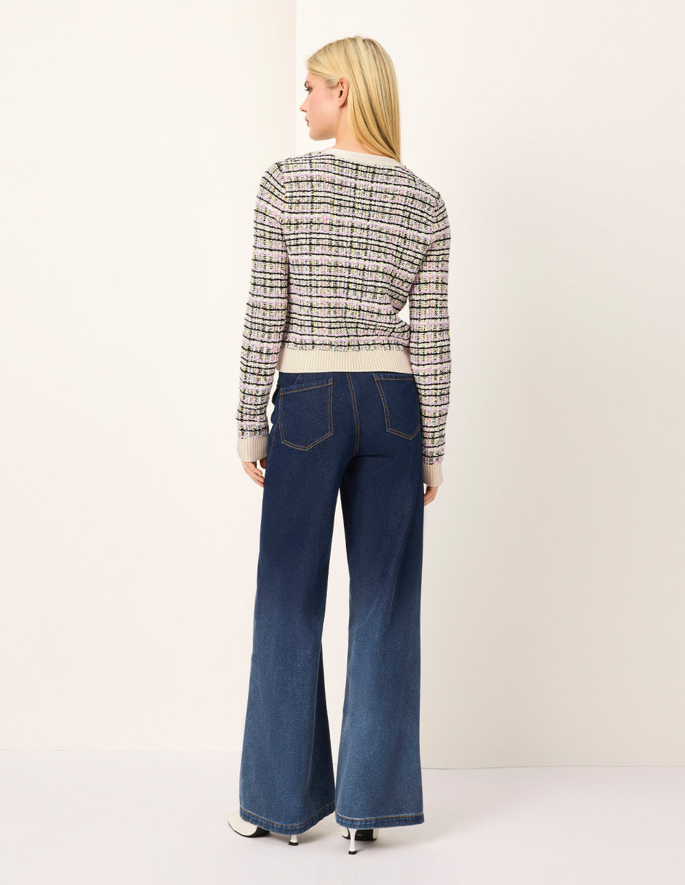 MARYLING Colorful Checkered Round-Neck Long-Sleeve Cropped Knit Cardigan