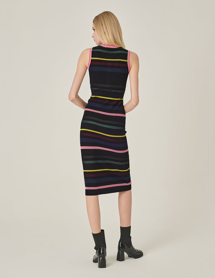 MARYLING Round Neck Sleeveless Colorful Striped Knitted Dress