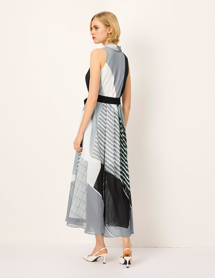 MARYLING Lapel sleeveless striped Print Midi Dress