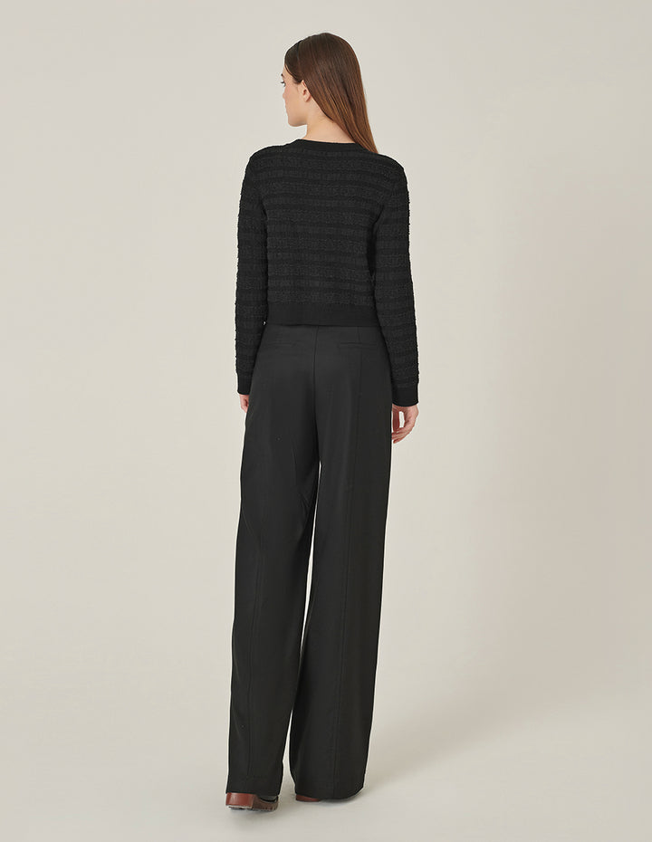 MARYLING Black Round Neck Dark Texture Cropped Knitted Cardigan