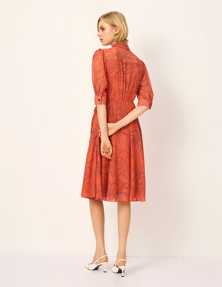 MARYLING Tie-Waist Floral Printed Short Sleeve Pleated Midi Shirt Dress