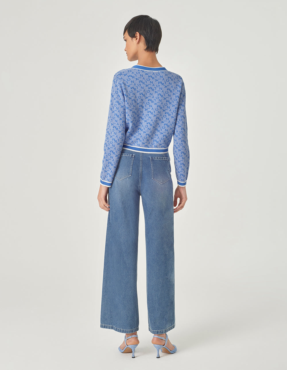 MARYLING Denim Blue V-Neck Jacquard Knitted Cardigan