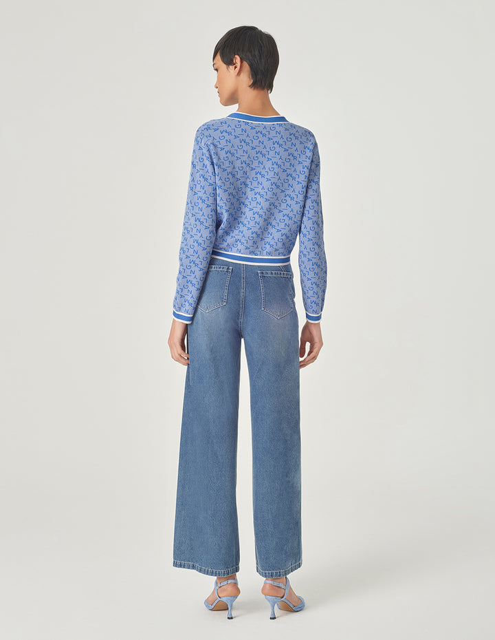 MARYLING Denim Blue V-Neck Jacquard Knitted Cardigan