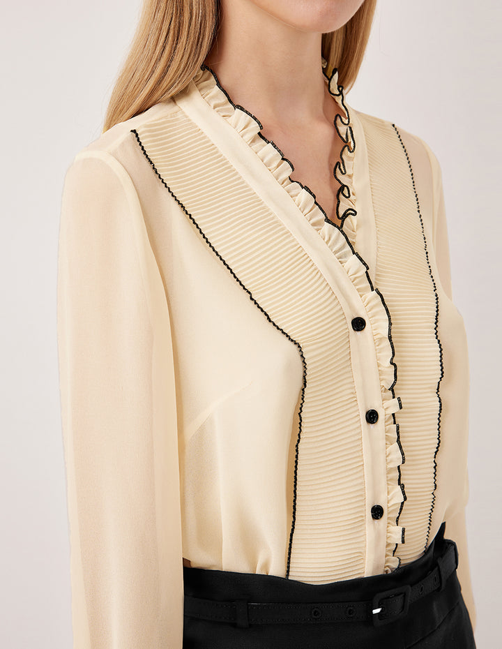 MARYLING V-Neck Long Sleeve Ruffle Trim Pin Tuck Silk Top