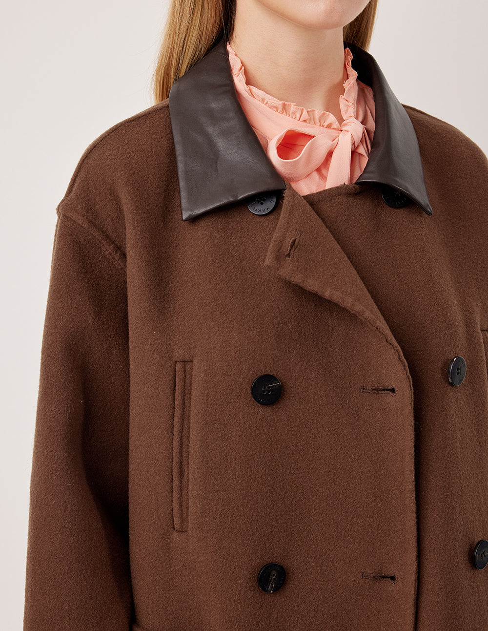 MARYLING Sheepskin Collar Patchwork Alpaca Double-Breasted H-Line Coat