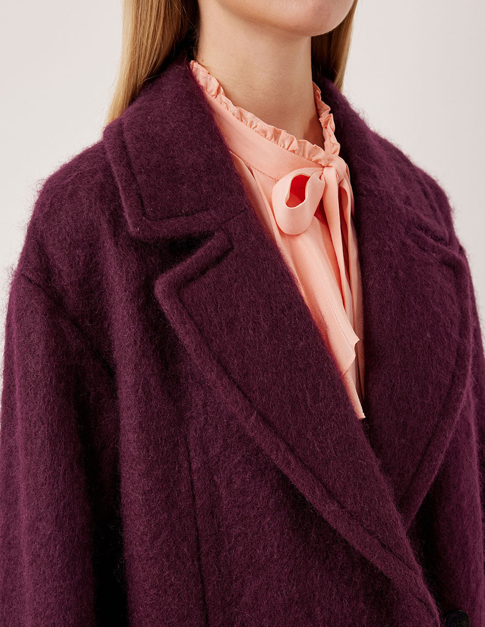 MARYLING Notched Collar Double-Breasted Angora Red Long Coat