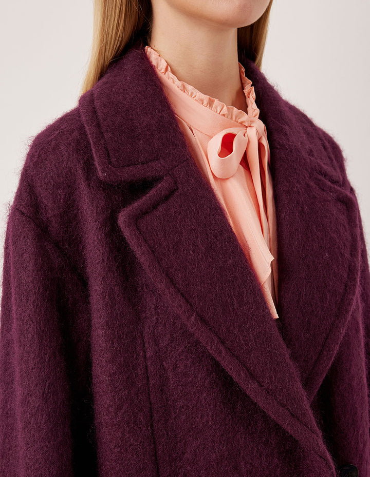 MARYLING Notched Collar Double-Breasted Angora Red Long Coat