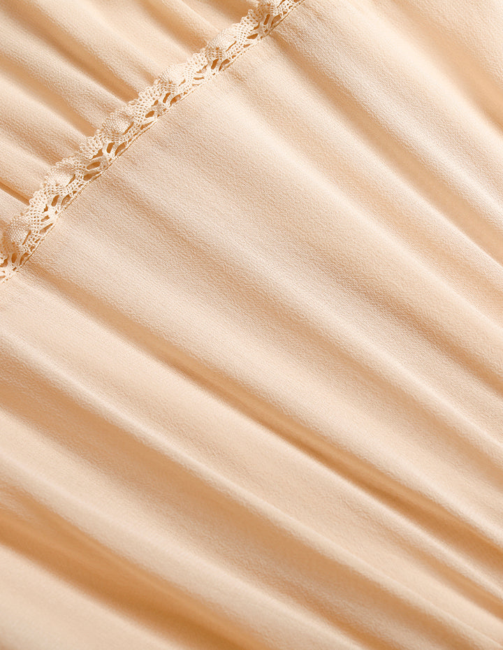 MARYLING Lapel Short Sleeve Ruffle Trim Pleated Tiered Silk Midi Shirt Dress