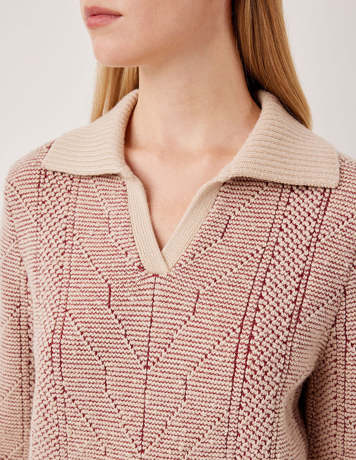 MARYLING Ribbed V-Neck Cable Texture Relaxed Fit Wool Pullover Sweater