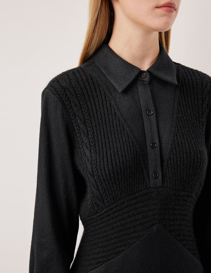 MARYLING Collar Pleated Shirt Dress Patchwork Knit Vest