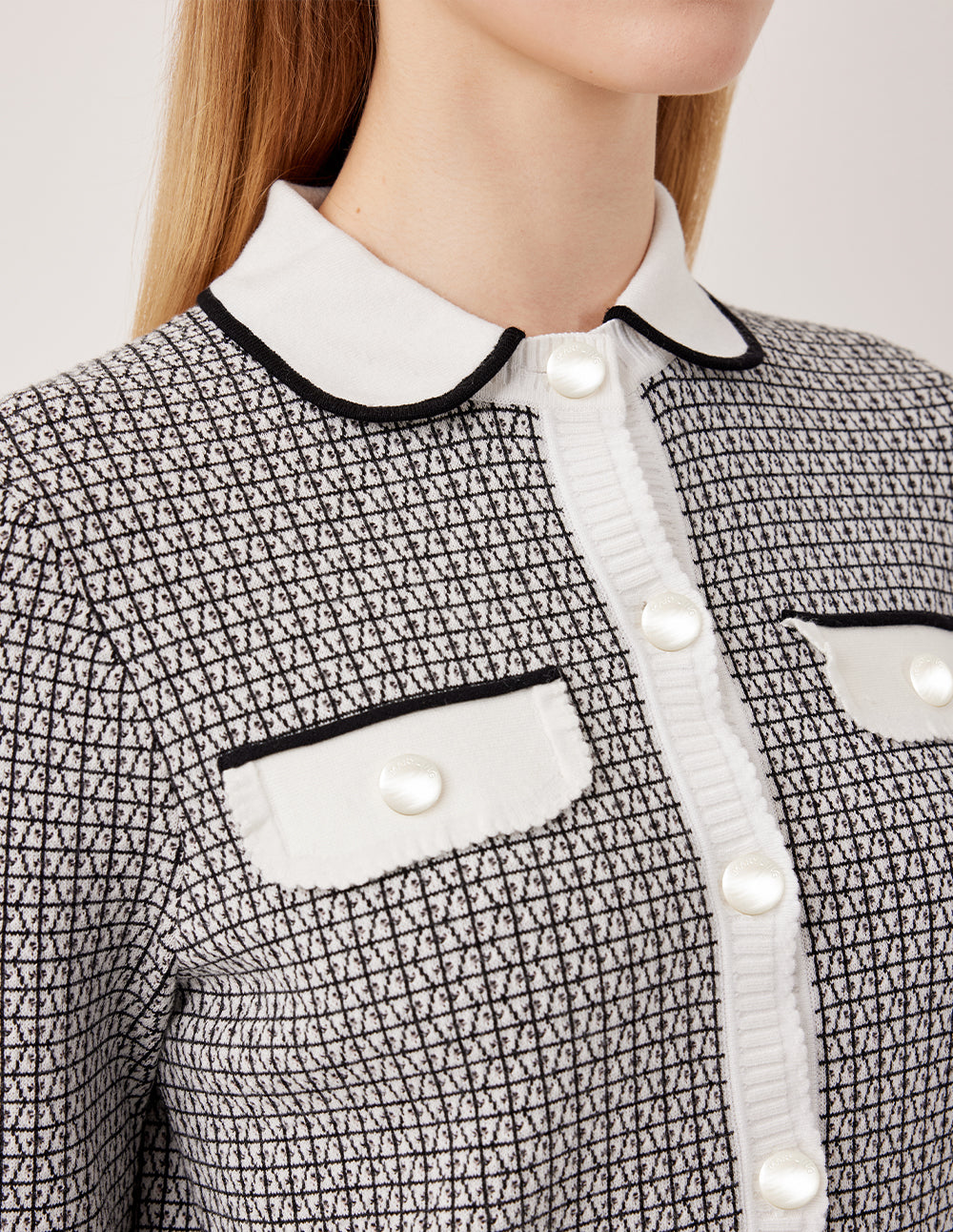 MARYLING Round Neck Long-Sleeve Houndstooth with 2 Pockets Knit Cardigan