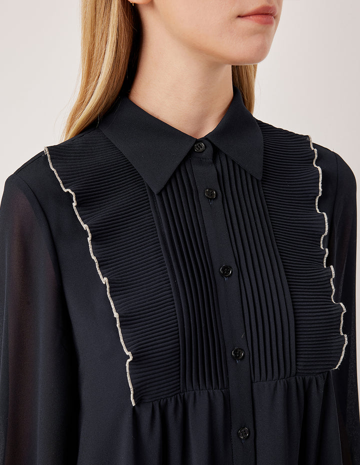 MARYLING Sheer Long-Sleeved Pintuck Ruffle-Trim Silk Blouse