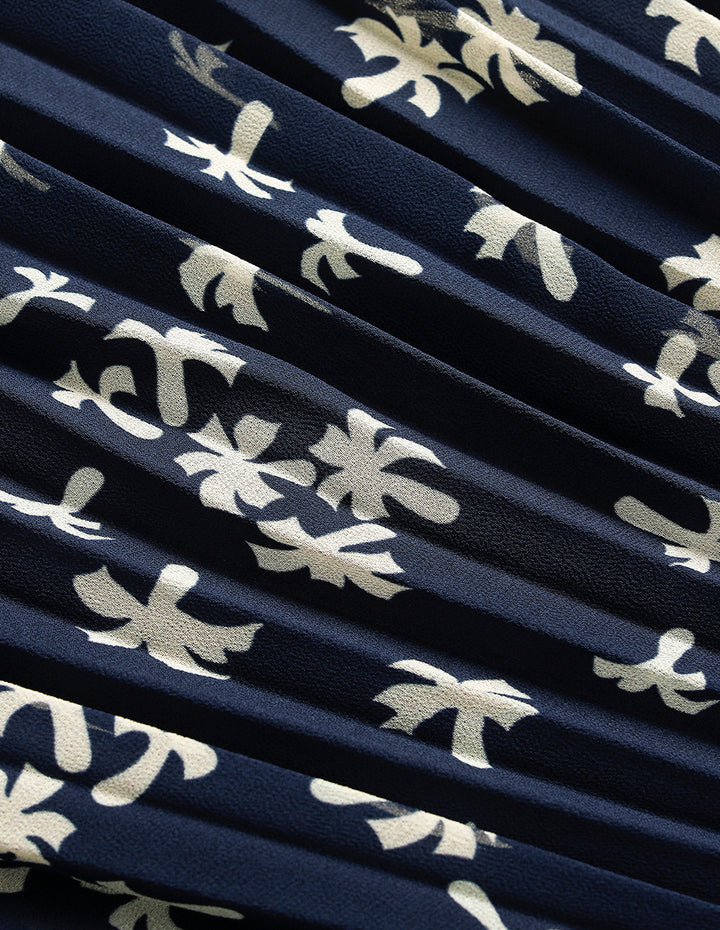 MARYLING Shirt Collar Short-Sleeve Empired-Waist Flora Printed Pleated Midi Dress