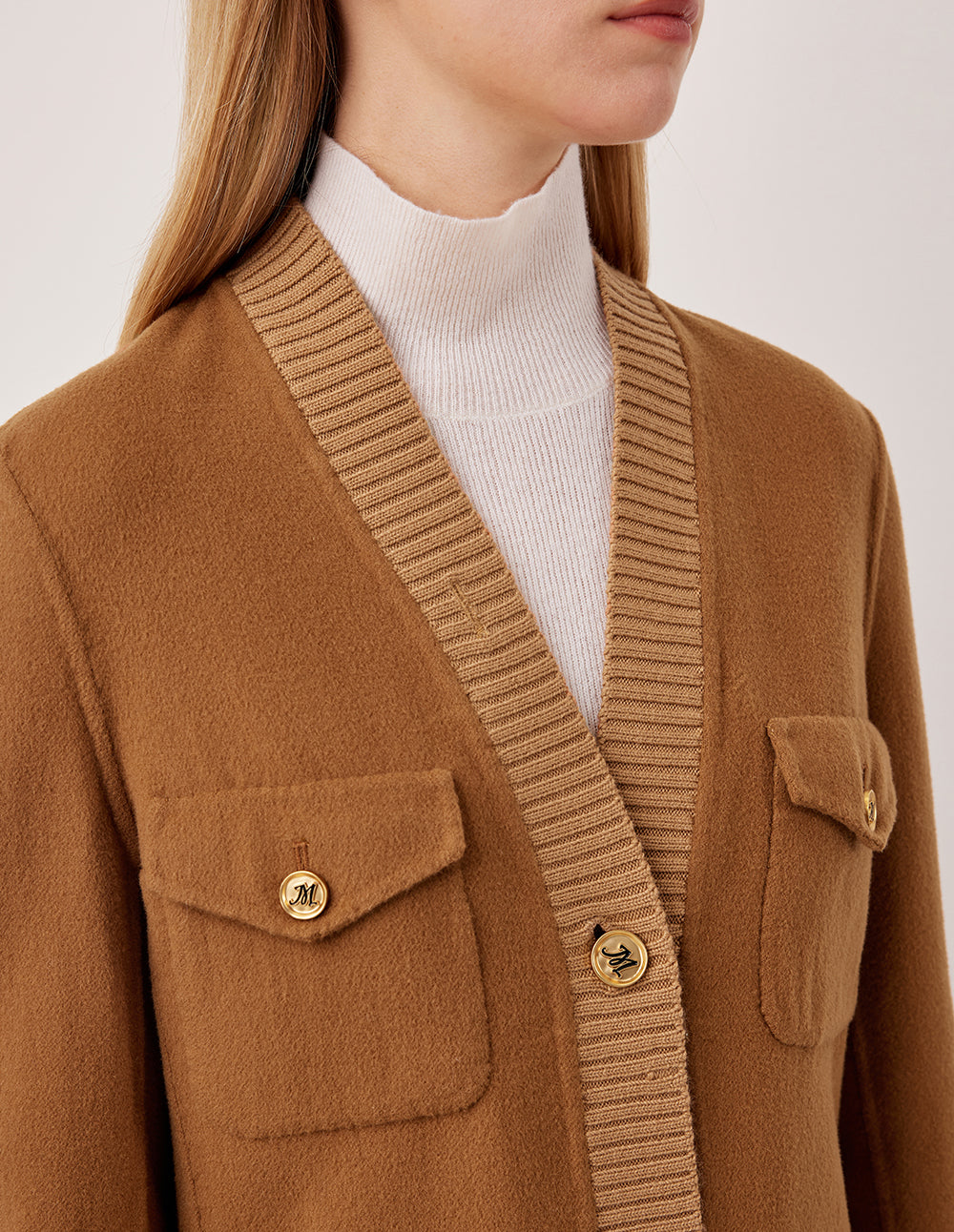 MARYLING V-Neck Long-Sleeve Multi-Pocket Short Wool Coat