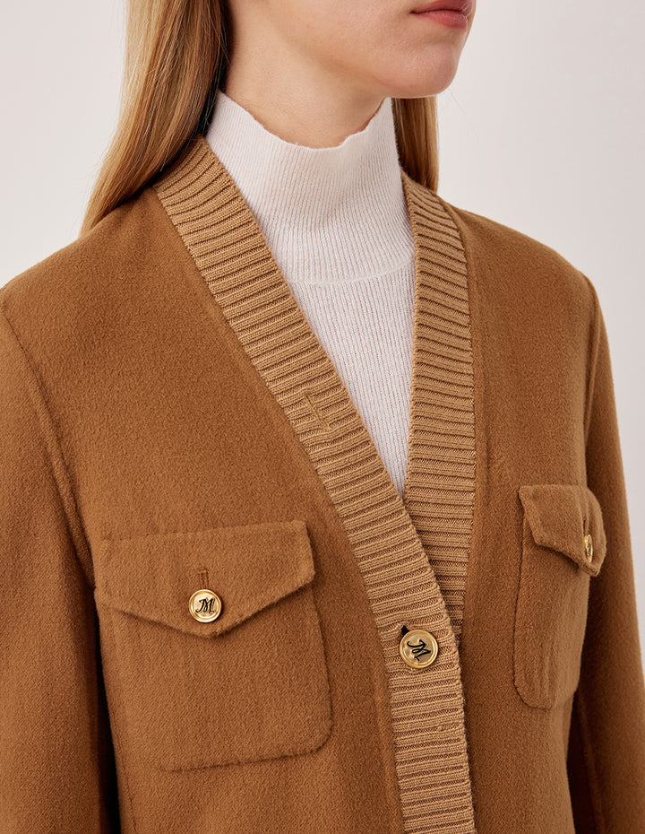 MARYLING V-Neck Long-Sleeve Multi-Pocket Short Wool Coat