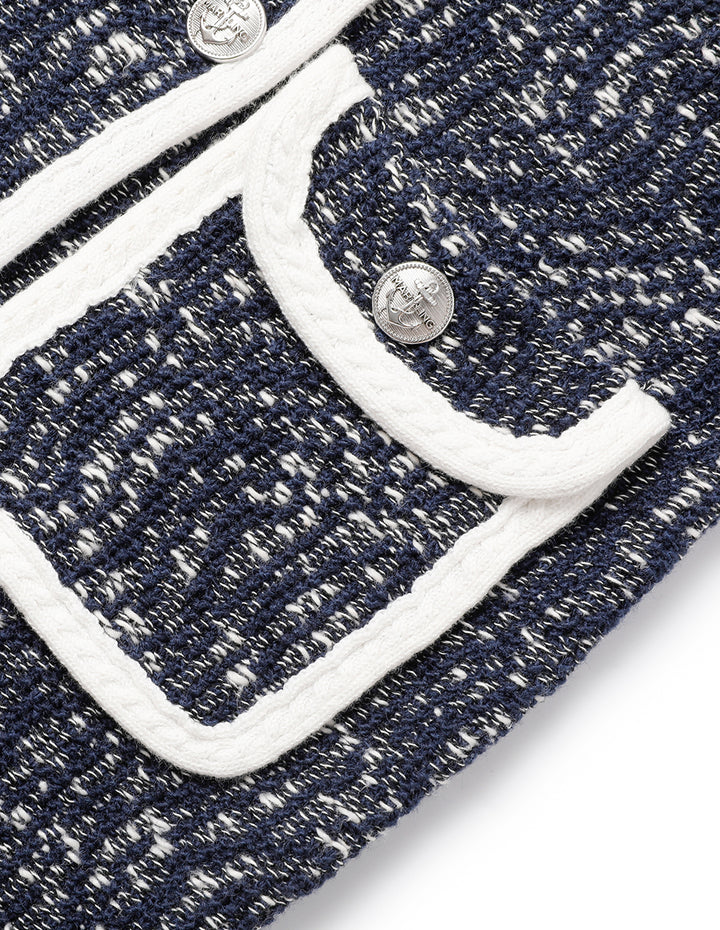 MARYLING V-Neck Long-Sleeve Straight Tweed Knitted Long Cardigan Jacket