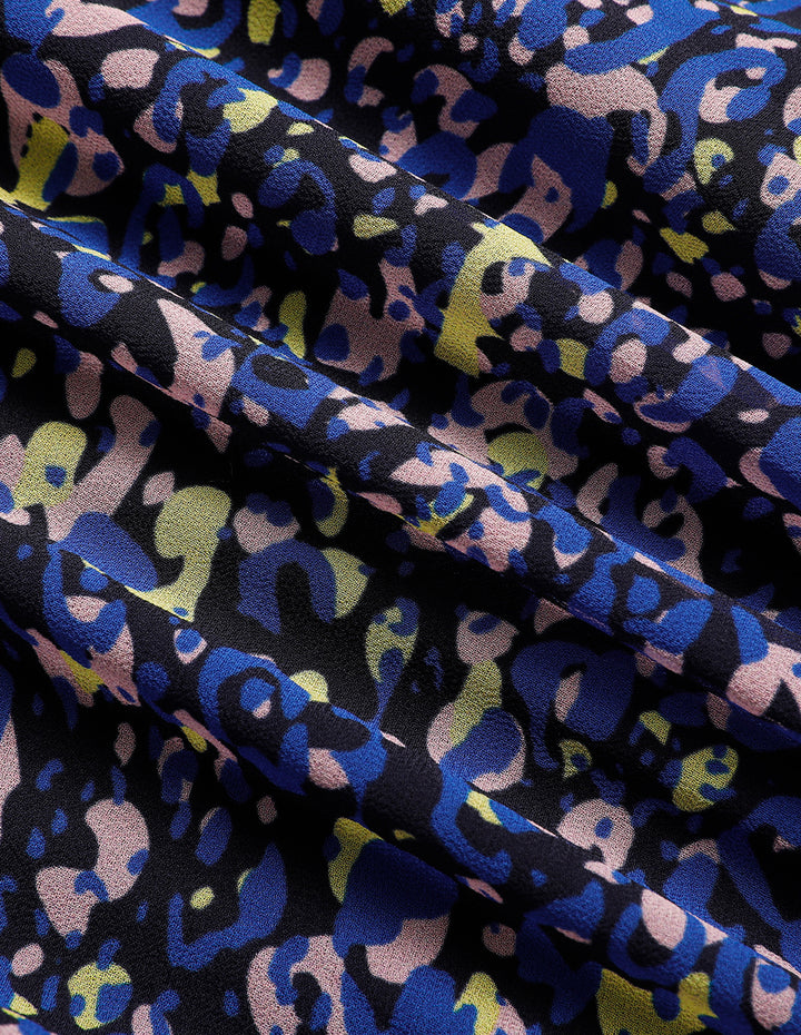 MARYLING Stand Collar Georgette Printed Pleated Mid-Length Dress