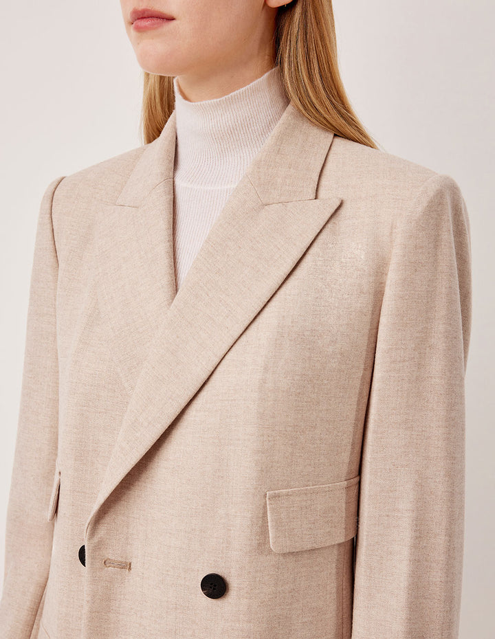 MARYLING Peaked Lapel Vintage Double-Breasted Beige Long Wool Coat