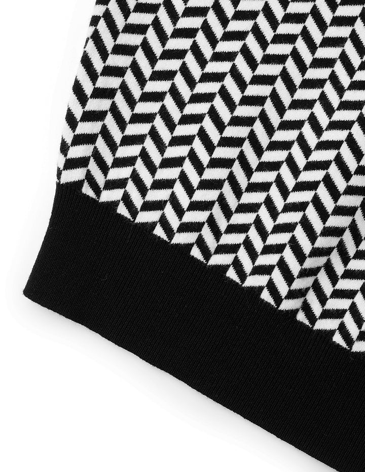 MARYLING Black And White Herringbone Off-Shoulder Mid-Sleeve Knitted Pullover