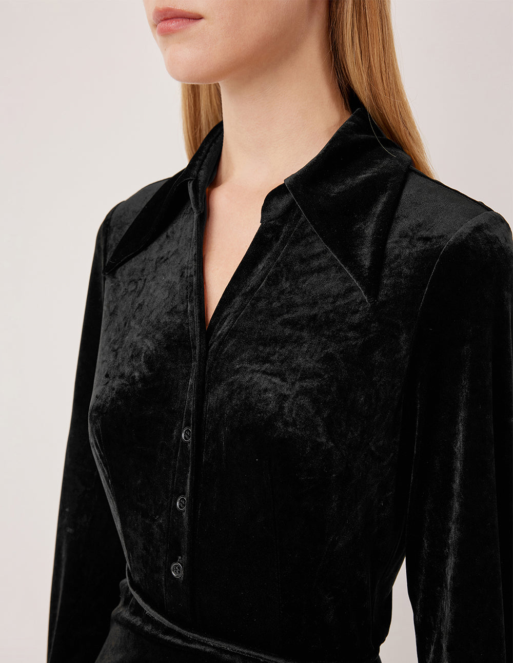 MARYLING V-Neck Ruched Velvet Midi Dress with Side Slit