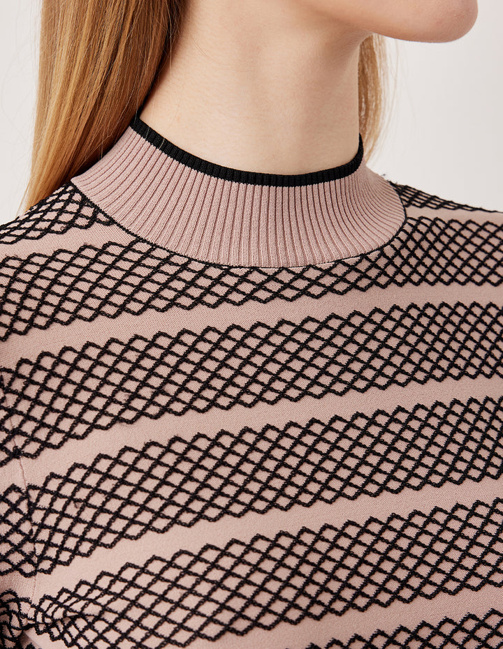 MARYLING Mock Neck Short Sleeve Lace Plaid Knit Pullover