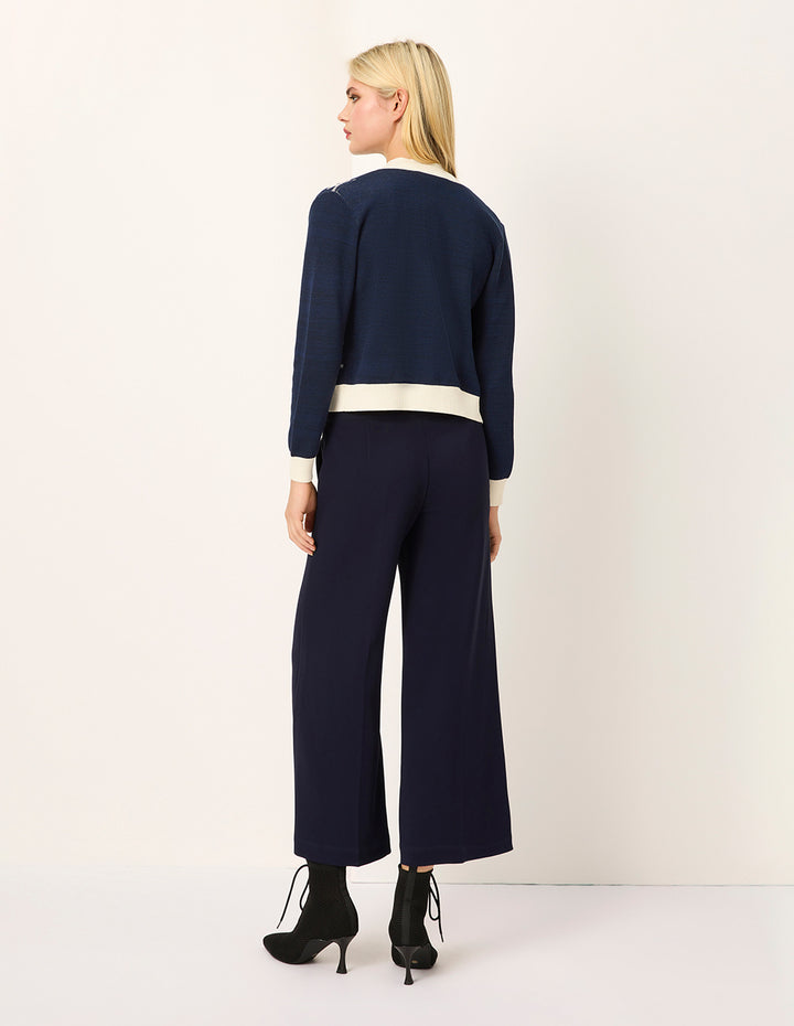 MARYLING Round-Neck Long-Sleeve Color Block Striped Flora Embroidered Knit Cardigan