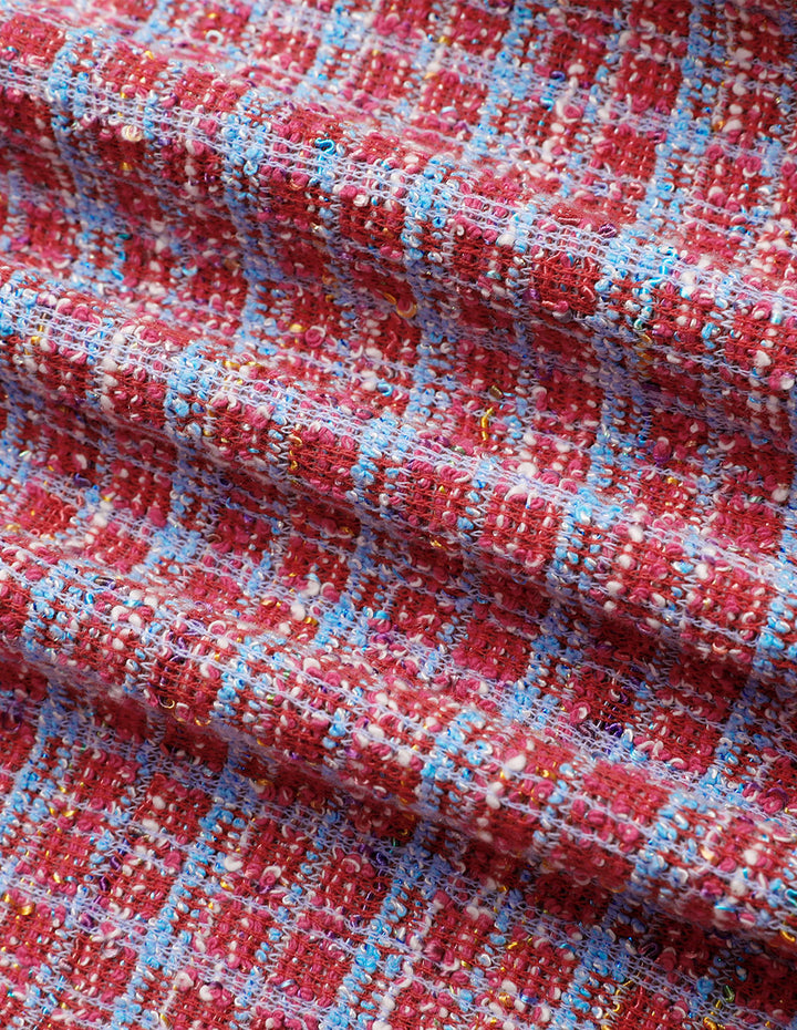 MARYLING Powder Blue Plaid Tweed Double-Breasted Short Coat