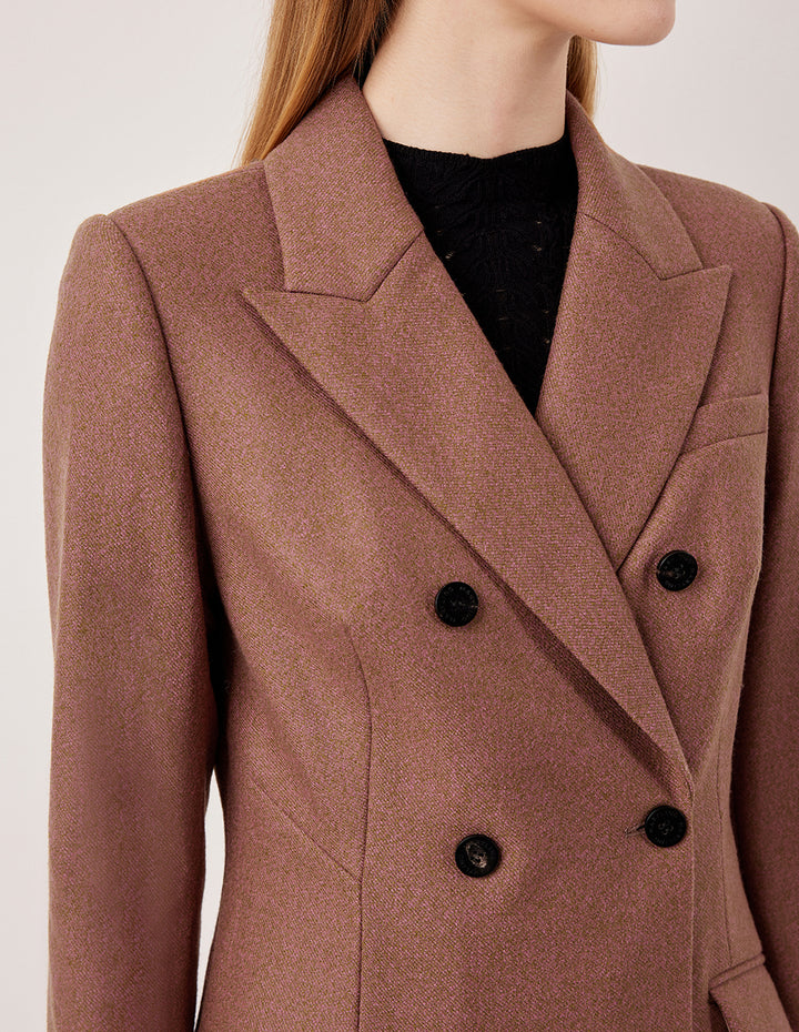 MARYLING Taupe Peak Lapel Double-Breasted Long Wool Coat