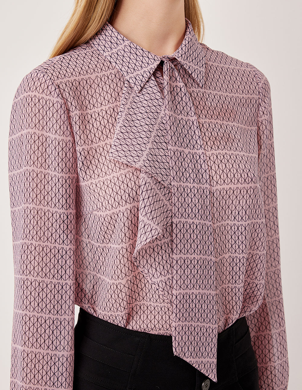 MARYLING Lapel Bow-Tie Long Sleeve Plaid Sheer Blouse