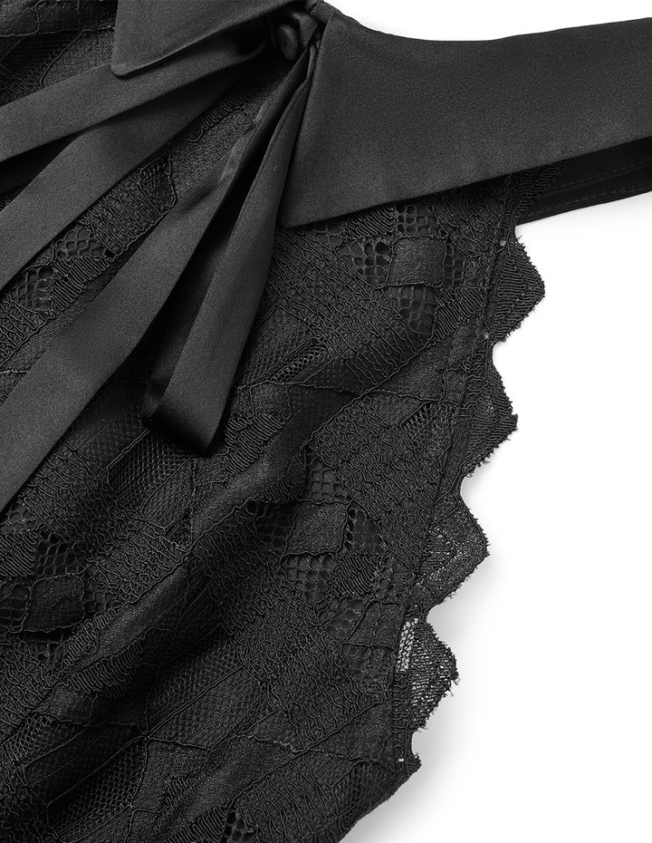 MARYLING Black Small Lapel Off-Shoulder Lace Fishtail Dress