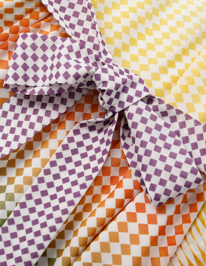 MARYLING Rhombus Print Sleeveless Empired Midi Silk Dress