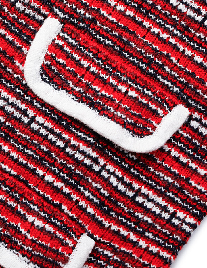 MARYLING V-Neck Red & White Checkered Tweed Multi-Pockets Knit Cardigan