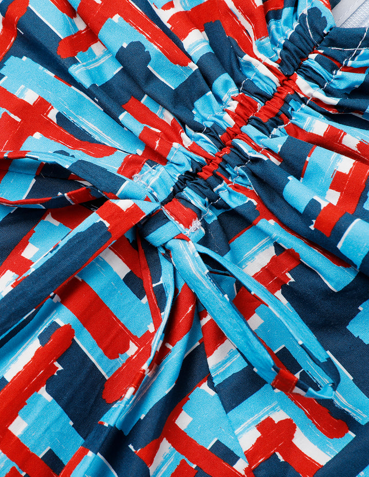 MARYLING Plaid V-Neck Puff Short Sleeve A-Hem Dress