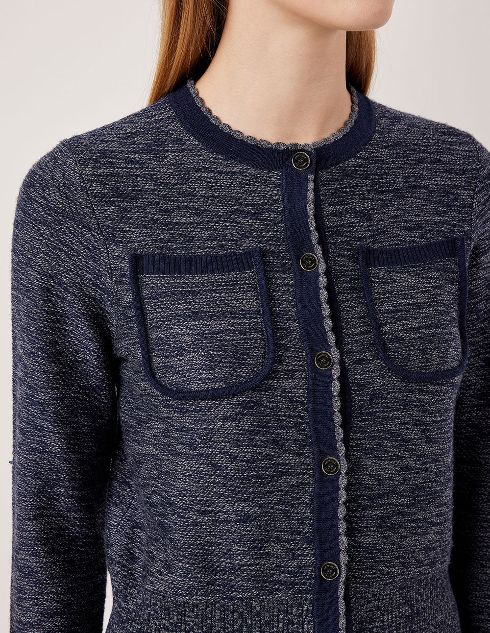 MARYLING Round Neck Ribbed Variegated Blue Wool Cardigan