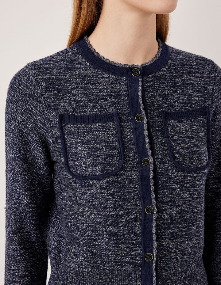 MARYLING Round Neck Ribbed Variegated Blue Wool Cardigan
