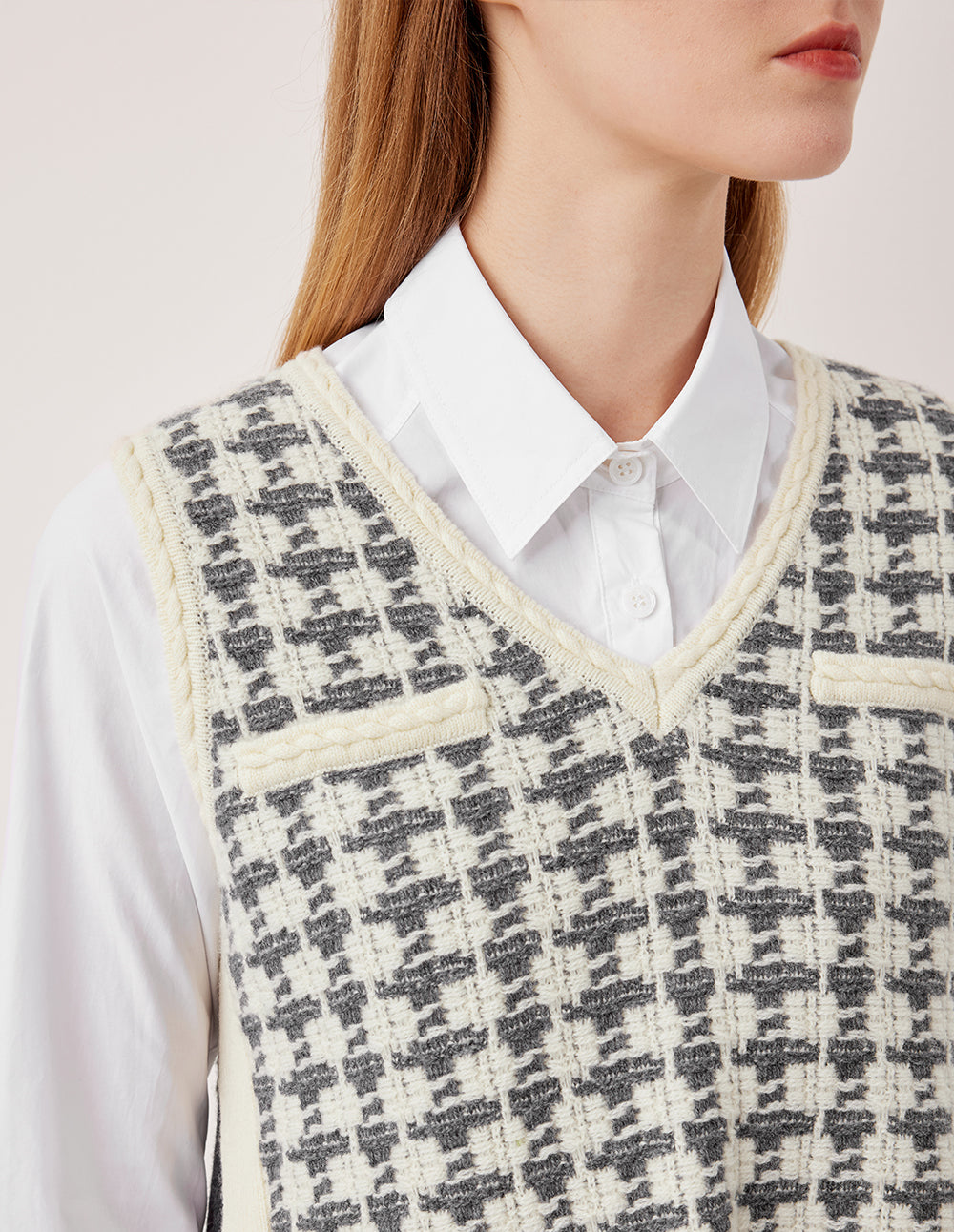 MARYLING V-Neck Sleeveless Plaid 100% Wool Knit Vest