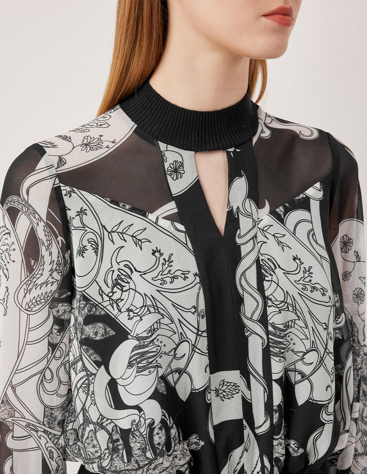 MARYLING Semi-High Neck Long Sleeve Paisley Pattern Top
