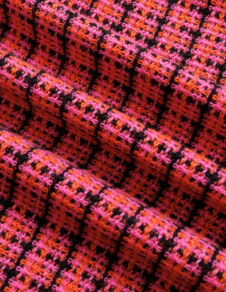 MARYLING Crew-Neck Plaid Long-Sleeve Cropped Tweed Knitted Cardigan