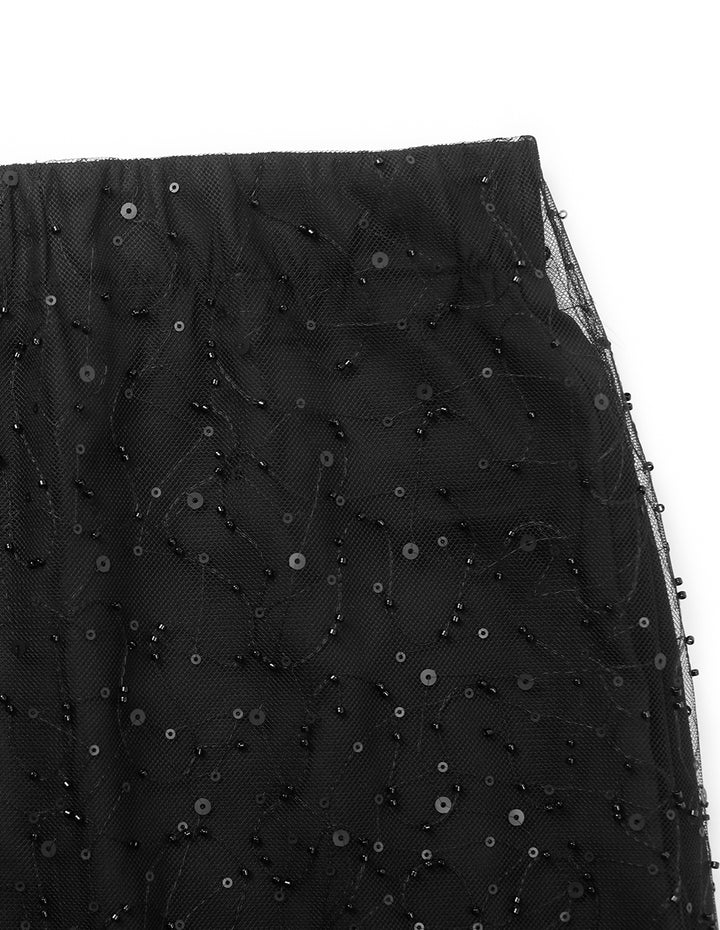 MARYLING Black Shiny Double-Layer High-Waisted Straight Skirt