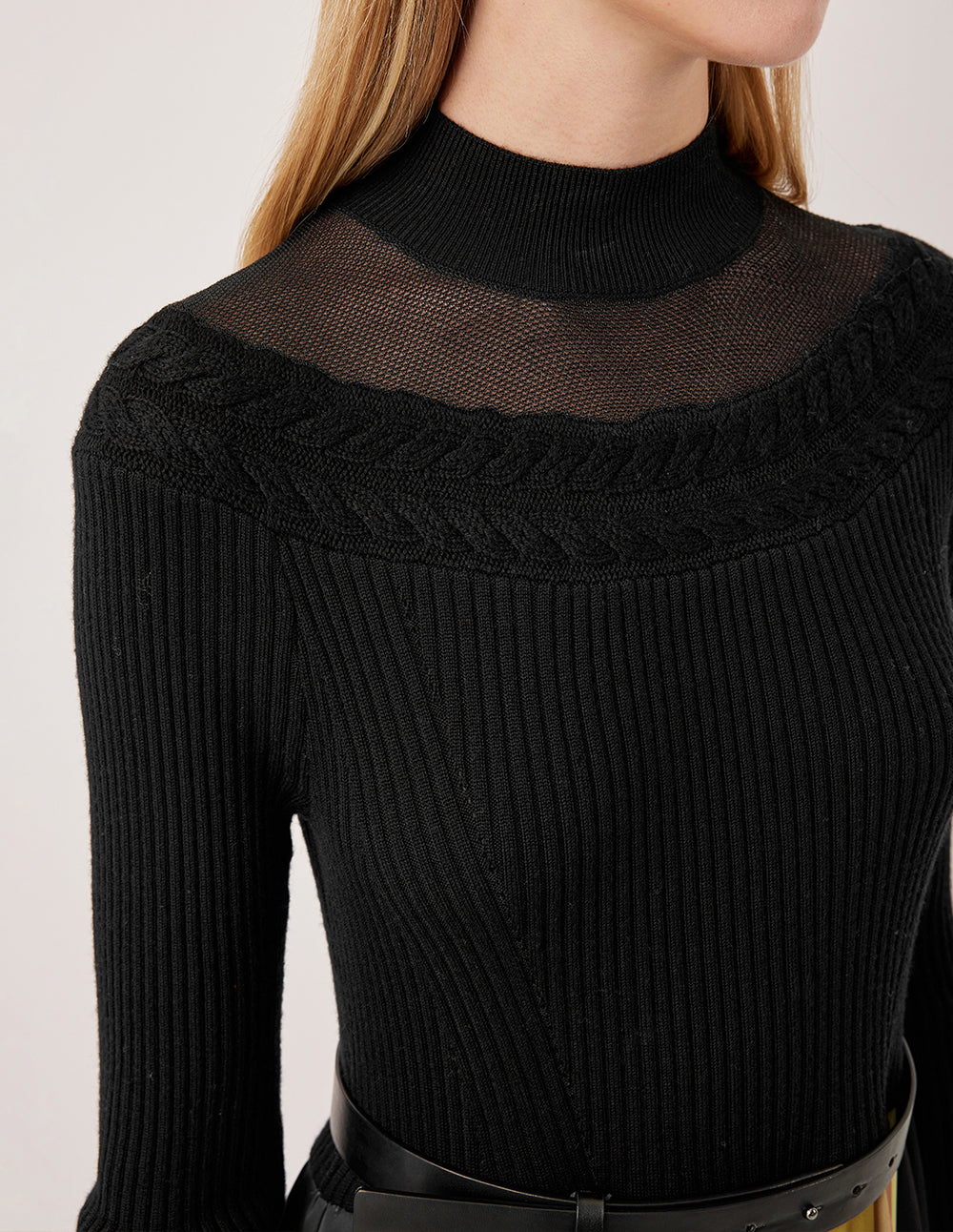 MARYLING Semi-High Neck Long Sleeve Knit Patchwork Print Midi Dress