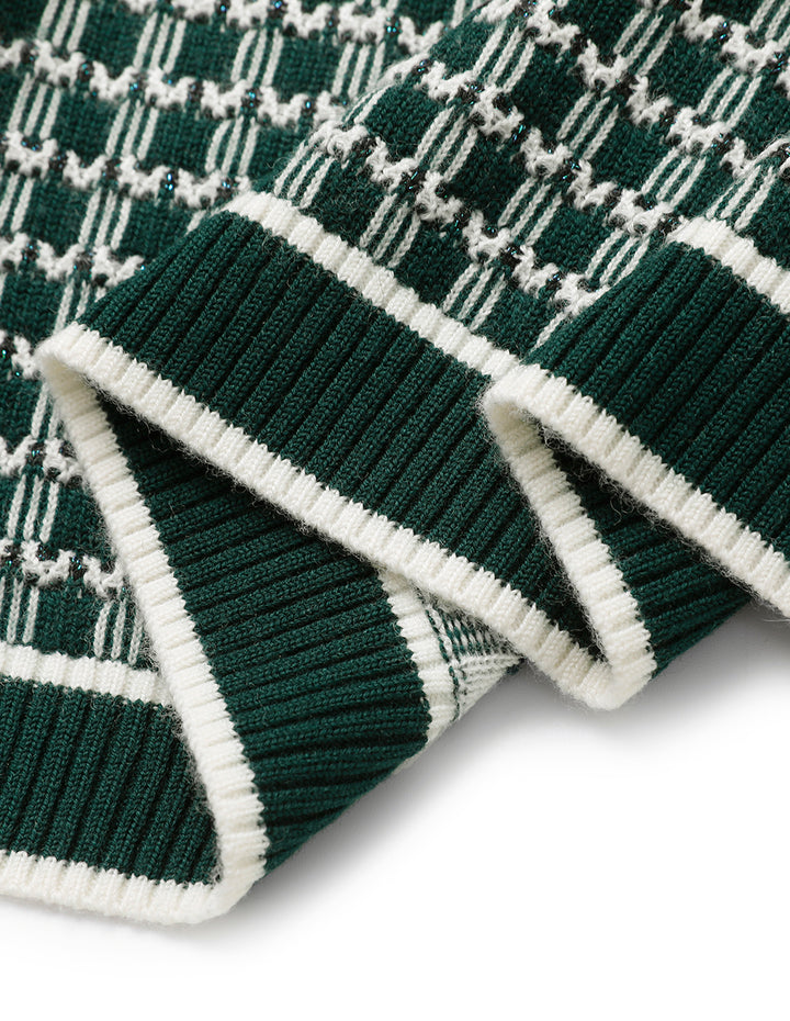 MARYLING Round Neck Glitter Checked Long-Sleeve Cropped Knitted Cardigan