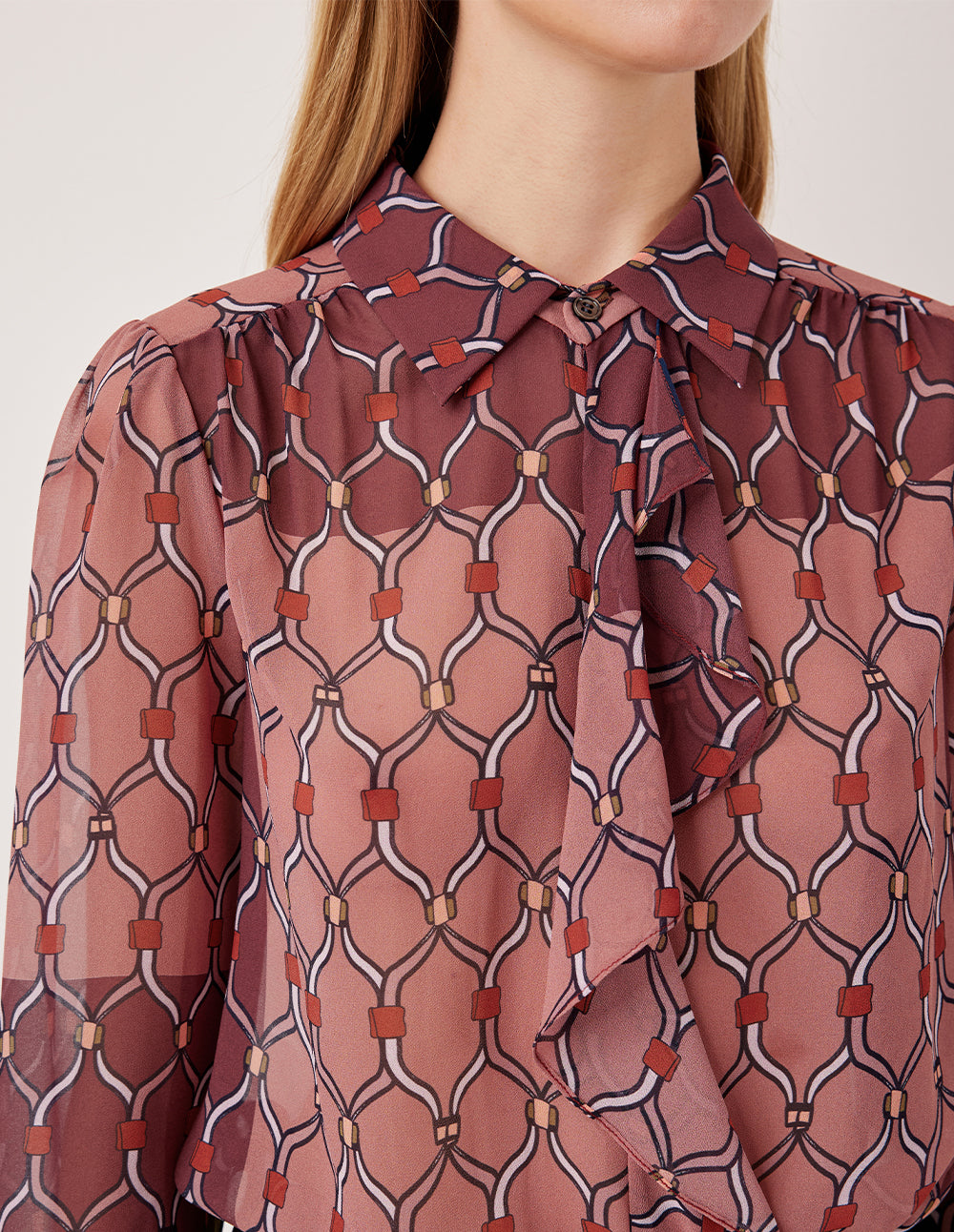 MARYLING Tie-Neck Long Sleeve Geometric Print Blouse