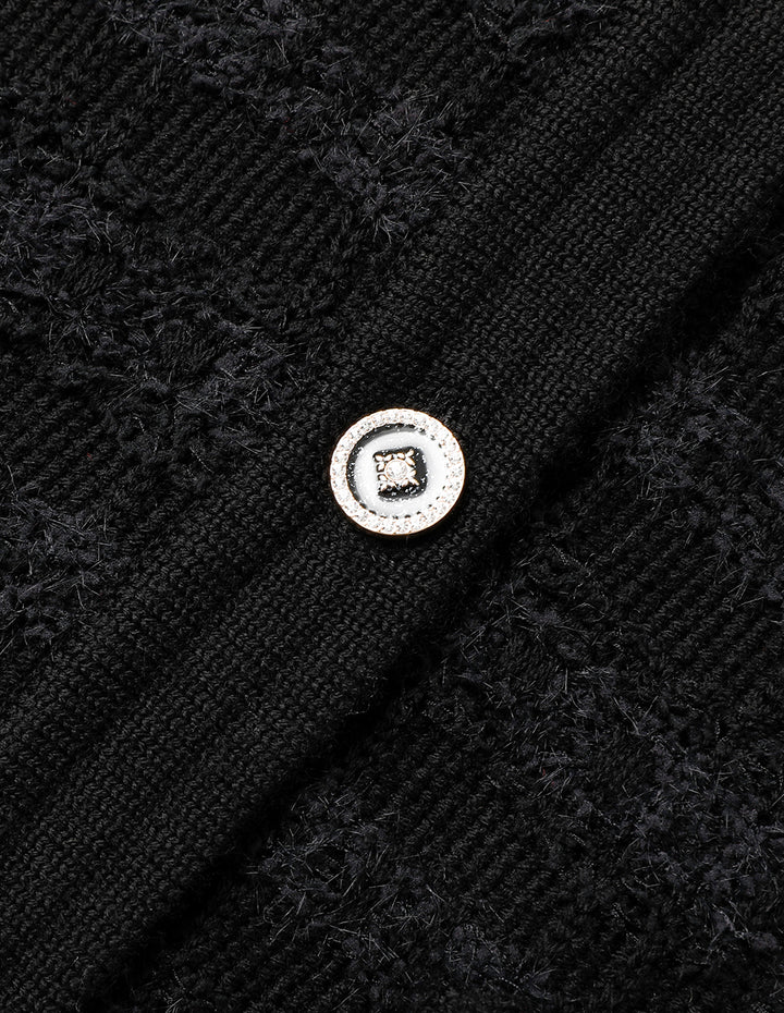 MARYLING Black Round Neck Dark Texture Cropped Knitted Cardigan