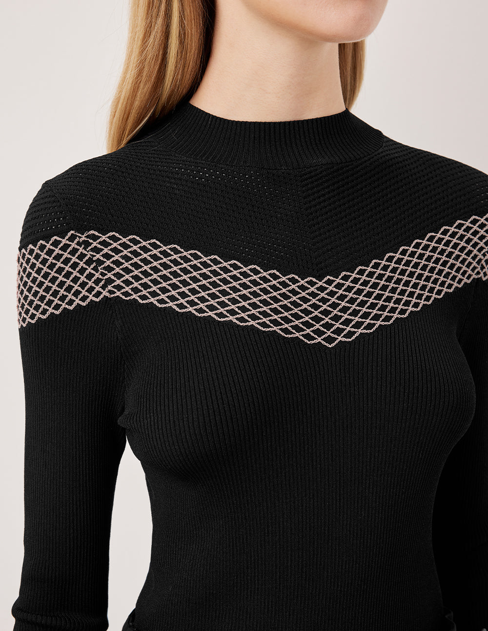 MARYLING Half-Turtleneck Long-Sleeve Diamond Pattern Fitted Knit Pullover