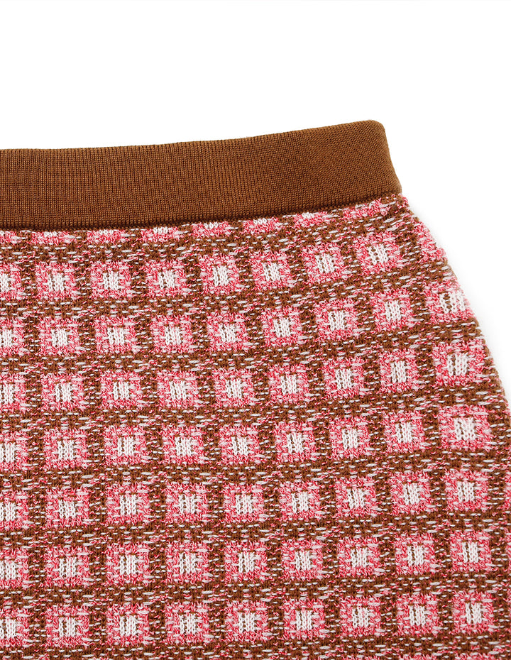 MARYLING Plaid Knit Pencil Skirt with Fringe Hem