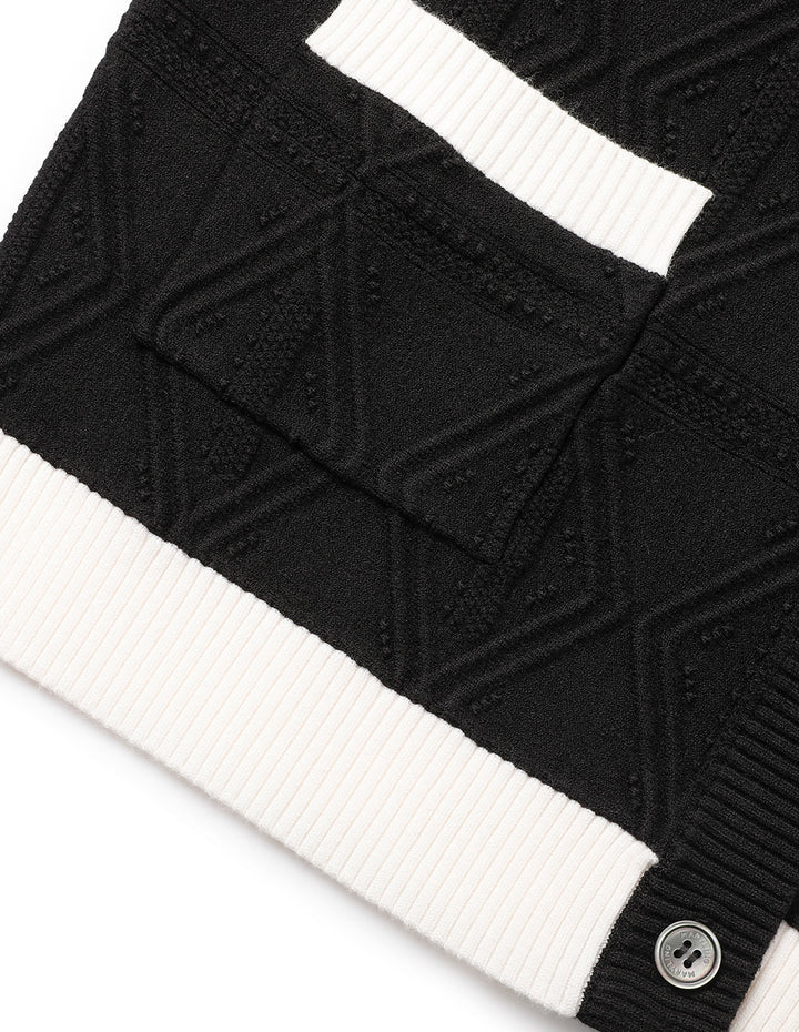MARYLING Black And White Contrasting Round Neck Dark Pattern Knitted Cardigan