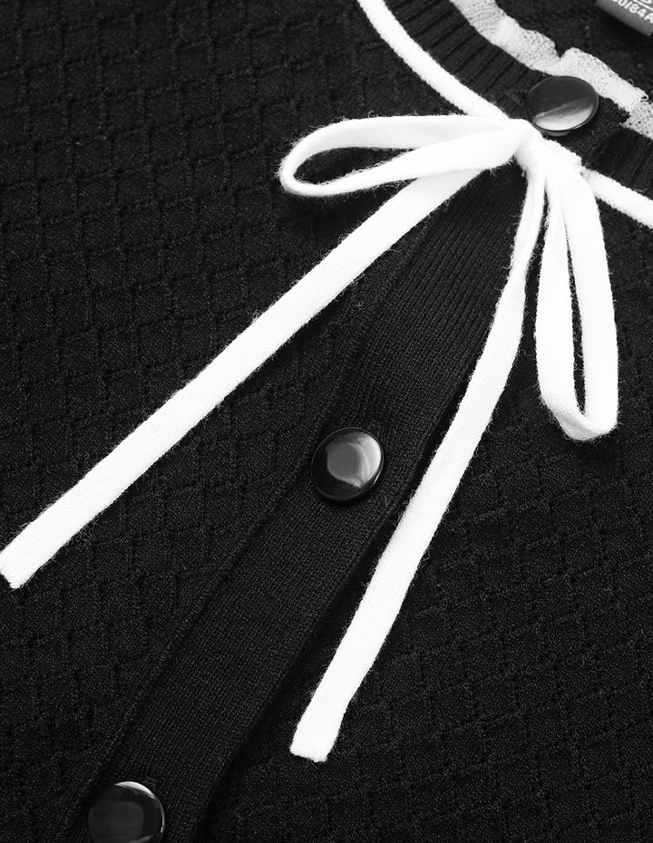 MARYLING Ruffled Round Neck Bowknot Crochet Detail Short-Sleeve Knit Cardigan