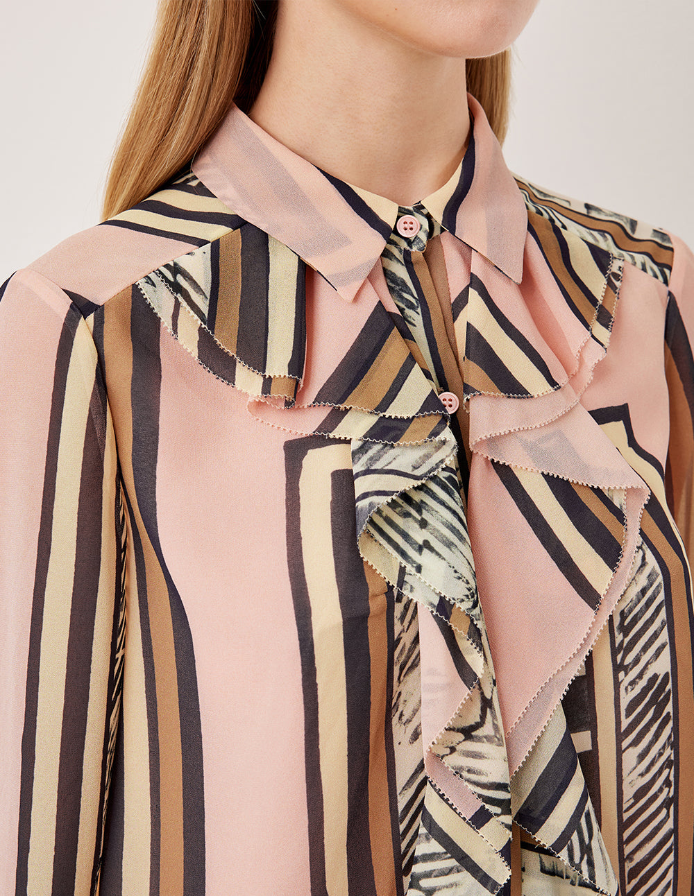 MARYLING Geometric Print Ruffle Detail Long Sleeve Blouse
