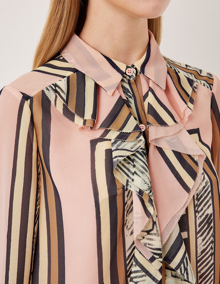 MARYLING Geometric Print Ruffle Detail Long Sleeve Blouse